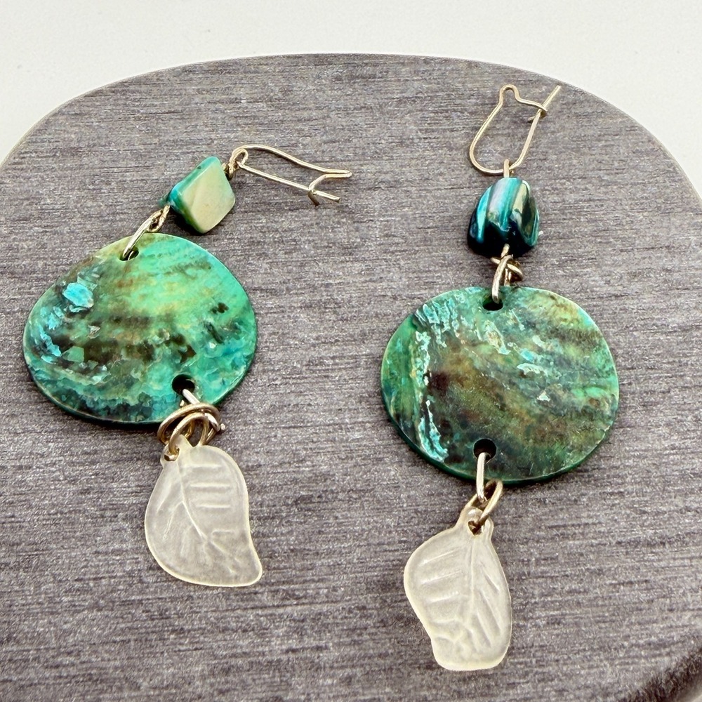Artisan Abalone Shell and Frosted Leaf Dangle Earrings Boho Statement Jewelry